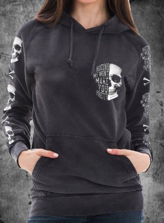 Women's Black Hoodies Skull Portrait Letter Round Neck Daily Vintage Hoodie