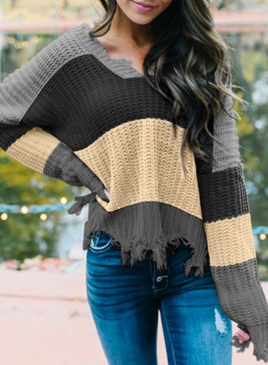 Women's Sweaters Casual Striped Distressed Sweaters