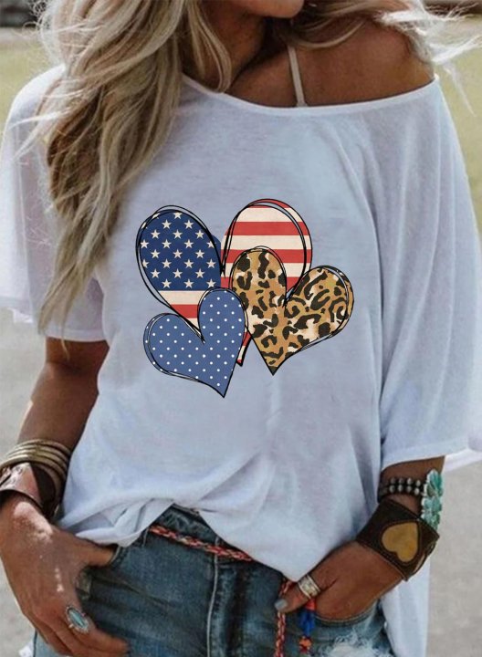 Women's T-shirts Leopard Flag Heart-shaped Print Short Sleeve Cold-shoulder Daily T-shirt