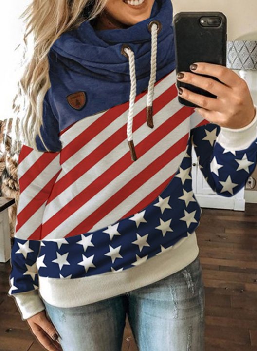 Women's Hoodies American Flag Color Block Cowl Neck Drawstring Hoodie