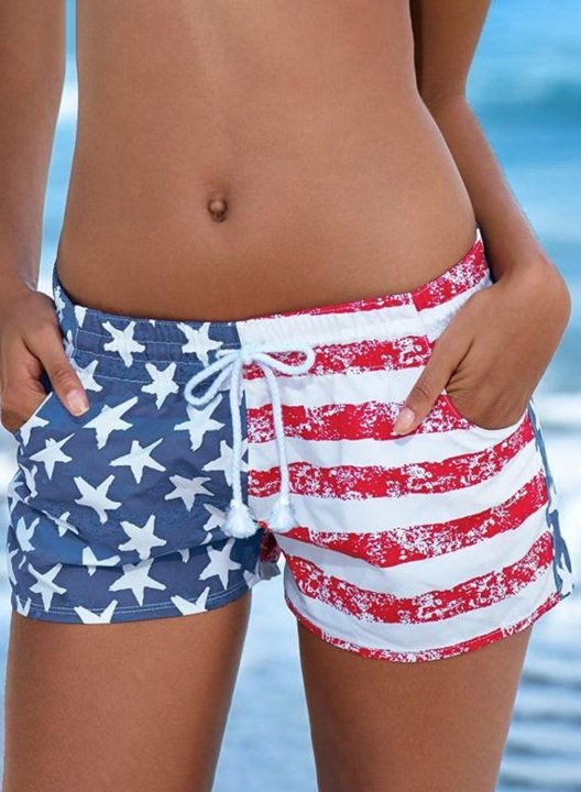 Women's Swim Bottoms Low Rise Striped Flag Star Lace-up Casual Beach Swim Bottoms