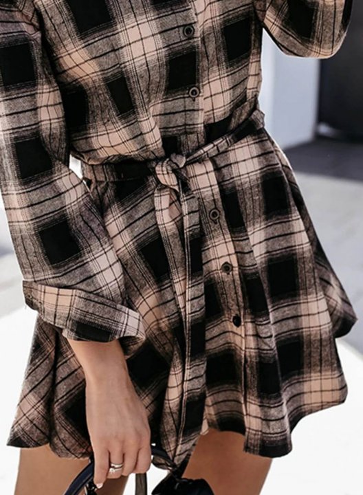 Women's Plaid Shirt Dress Color Block Long Sleeve Turn Down Collar Casual Summer Tunic Dress