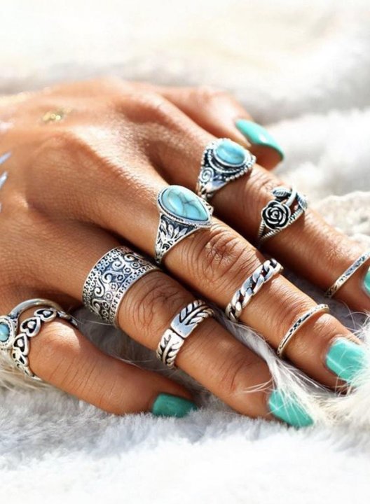 Women's Rings Retro Totem Flower Turquoise 10 Piece Joint Alloy Ring Set