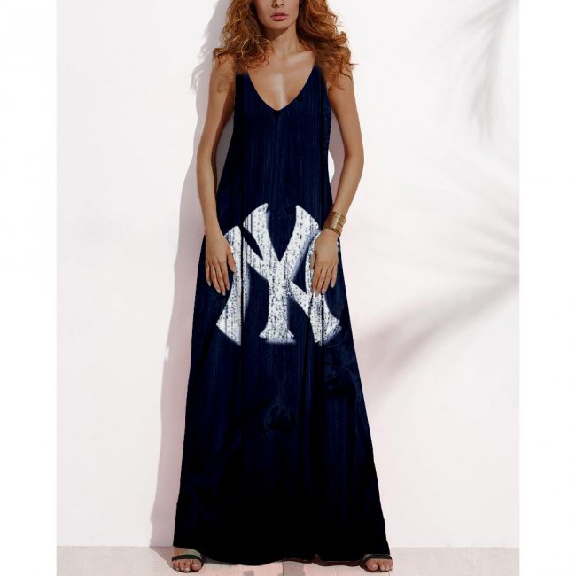 Women's Summer NEW YORK YANKEES Fan Print V-Neck Sleeveless Loose Long A-line Dress