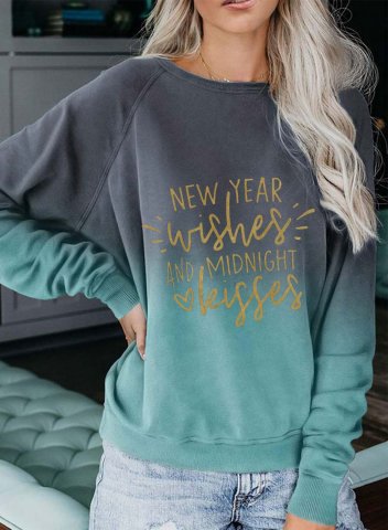 New Year Wishes and Midnight Kisses Women's Sweatshirt Casual Letter Color Block Round Neck Long Sleeve T-shirts