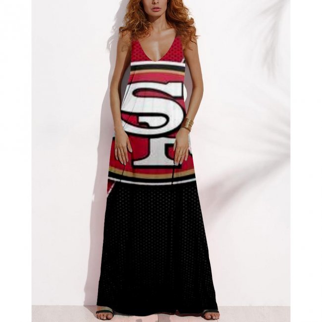 Women's Summer San Francisco 49ers Fan Print V-Neck Sleeveless Loose Long A-line Dress