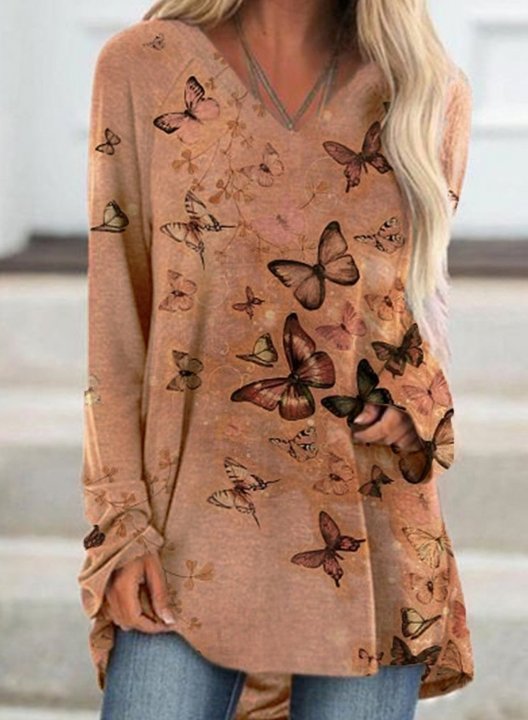 Butterfly Print Long Sleeve V Neck Loose Tunic Sweatshirt