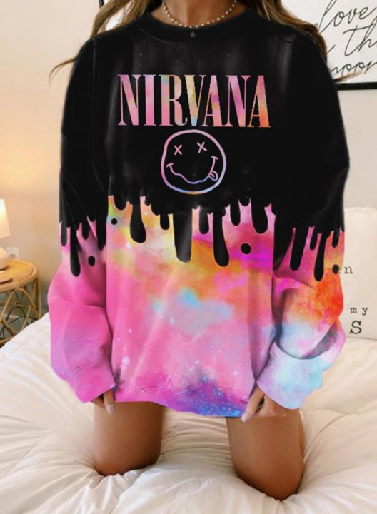 Women's Sweatshirts Nirvana Smiley Face Print Tie Dye Sweatshirt