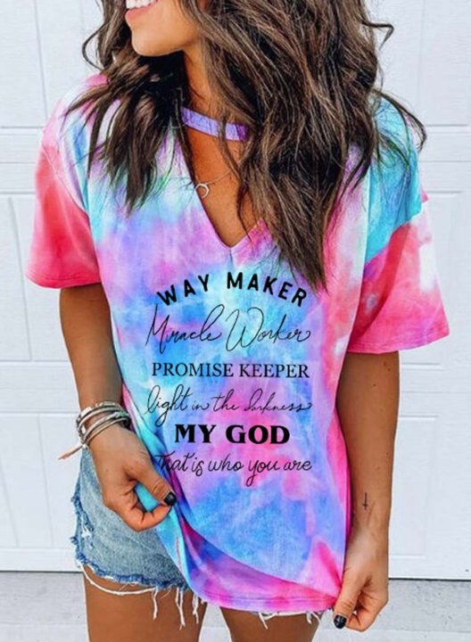 Women's Way Maker Miracle Worker Promise Keepe T-shirts Tie Dye V Neck Short Sleeve Summer Casual Daily T-shirts