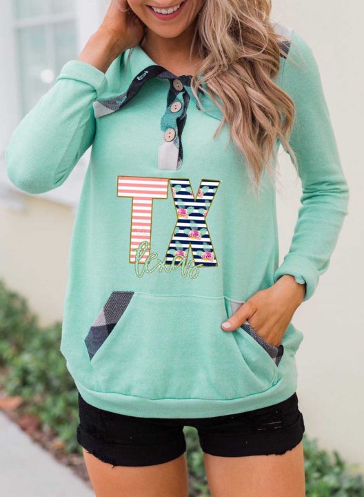 Women's Texas independence day Sweatshirt Floral Long Sleeve Turn Down Collar Daily Pocket Pullover