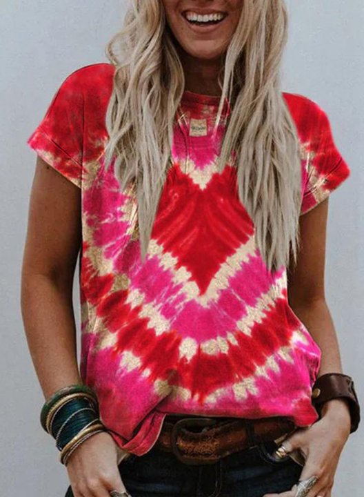 Women's T-shirts Heart Print Tie Dye Color-block Short Sleeve Round Neck Daily T-shirt