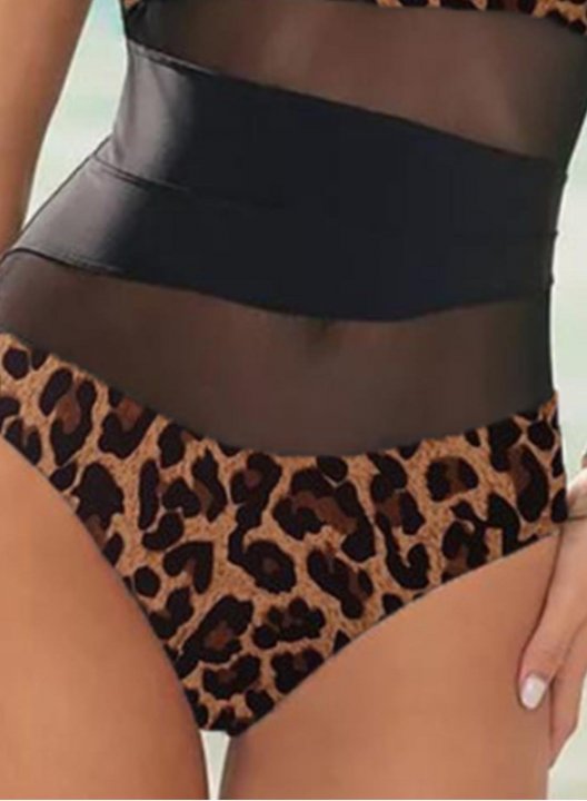 Women's One Piece Swimwear Leopard Mesh Round Neck One-Piece Swimsuit