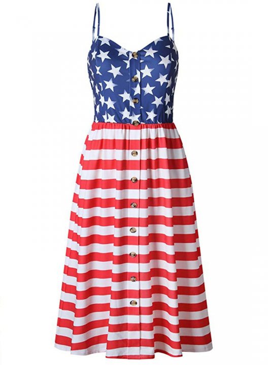 Women's American Flag Midi Dress Striped Button Strappy Casual Beach Midi Dress