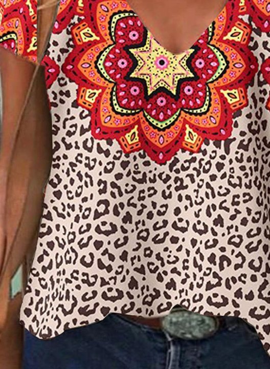 Women's T-shirts Leopard Floral Tribal Short Sleeve V Neck Casual Daily T-shirts