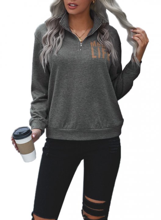 Solid Long Sleeve Letter V Neck Zip Front Sweatshirt