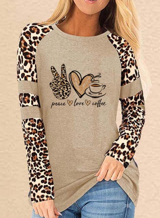 Women's T-shirts Leopard Letter Print Long Sleeve Round Neck Daily T-shirt