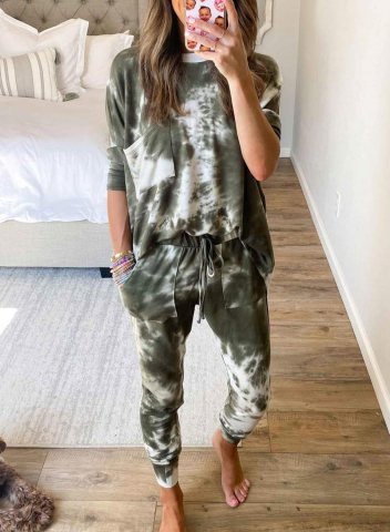 Tie-Dye Green Round Neck Drawstring Casual Suits