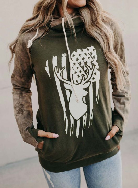 Women's Hoodies Camouflage Deer Hunting American Flag Print Pocket Hoodie