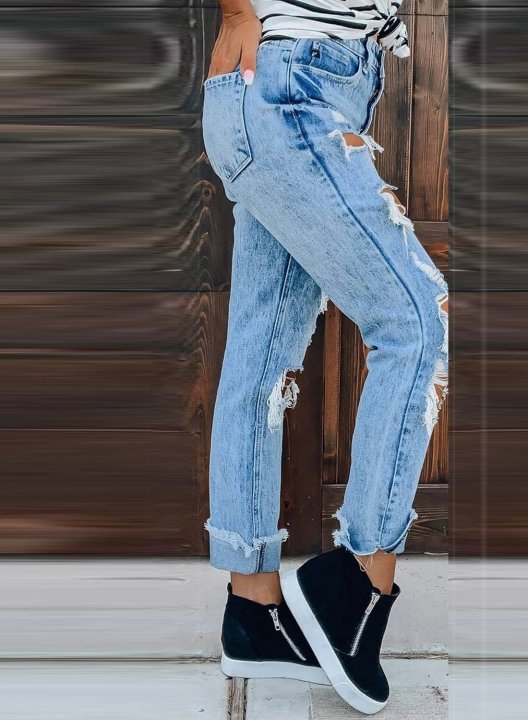 Women's Jeans Slim Solid High Waist Daily Full Length Ripped Casual Jeans