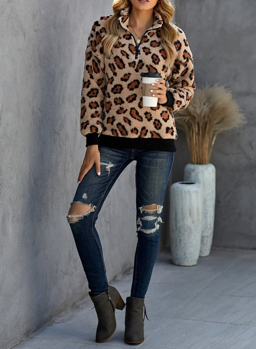 Leopard Long Sleeve High Neck Zip Sweatshirt