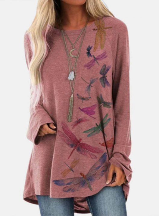 Women's Tunic Tops Casual Dragonfly Solid Round Neck Long Sleeve Daily T-shirts