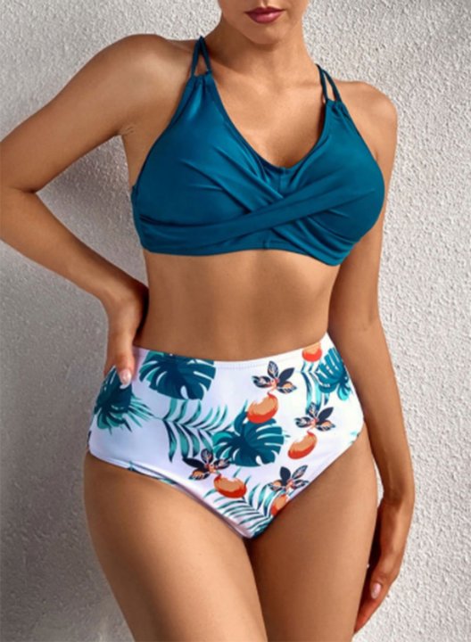 Women's Bikinis Fruits & Plants Mid Waist Sleeveless V Neck Padded Unadjustable Wire-free Twisted Casual Beach Bikini Suit