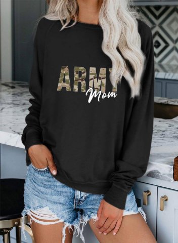 Women's Army Mom Sweatshirt Casual Letter Camouflage Solid Round Neck Long Sleeve Daily T-shirts