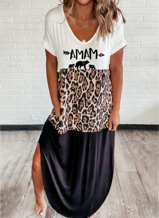 Women's Mama Bear Casual Long Dress Color Block Letter Leopard Short Sleeve A-line V Neck Split Beach Daily Casual Maxi Dress