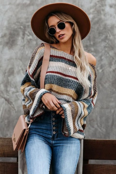 Women's Sweaters Dropped Shoulder Striped Relaxed Sweaters