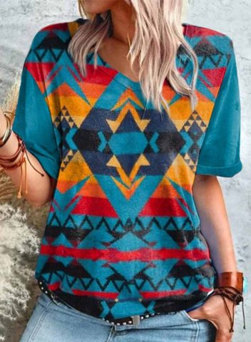 Women's T-shirts Geometric Color Block Round Neck Short Sleeve Summer Casual Daily T-shirts