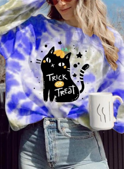 Women Cute Cat Trick or Treat Print Tie dye Loose Sweatshirts