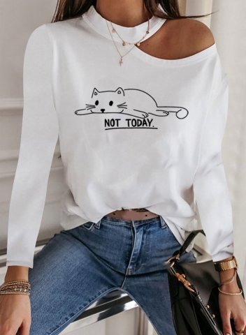 Women's Letter Not Today Cat Print Sweatshirt Long Sleeve Round Neck Cold Shoulder Daily T-shirt