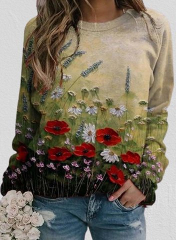 Women's Sweatshirt Floral Painting Long Sleeve Round Neck Casual Pullovers