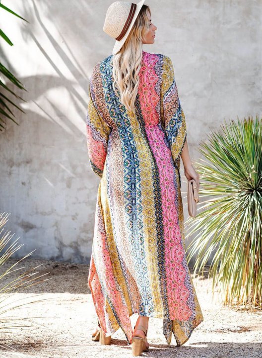 Women's Maxi Dress Tribal Color Block A-line Half Sleeve V Neck Split Knot Vintage Beach Maxi Dress