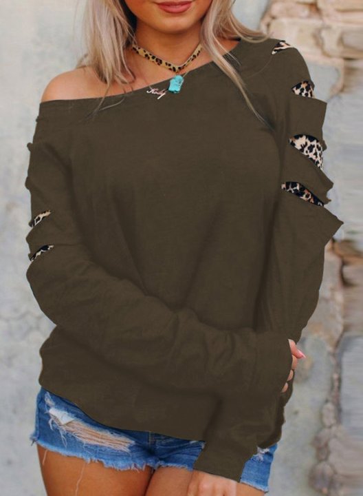 Off shoulder Leopard Solid Long Sleeve Cut out Sweatshirt