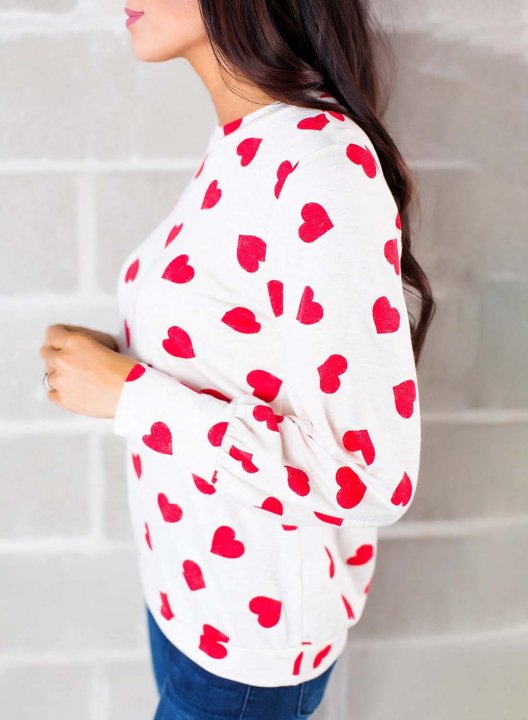 Women's Sweatshirts Color Block Heart-shaped Print Long Sleeve Round Neck Casual Sweatshirt