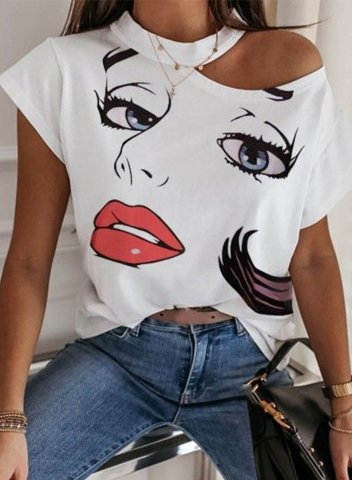 Women's T-shirts Cold Shoulder Abstract Portrait Round Neck Short Sleeve Casual T-shirts