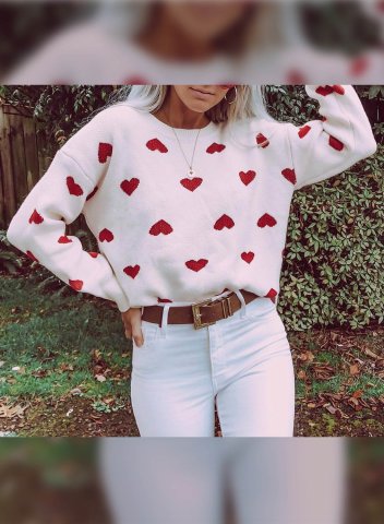 Women's Heart Sweaters Round Neck Long Sleeve Color Block Sweaters
