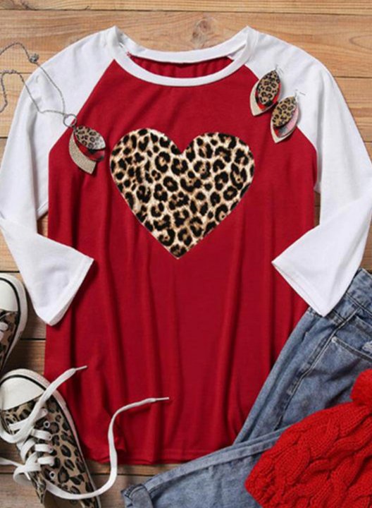 Women's T-shirts Leopard Heart Print Color Block Heart-shaped 3/4 Sleeve Round Neck Casual T-shirt