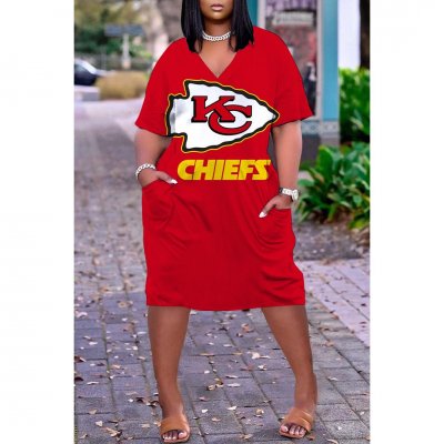 Kansas City Chiefs Print Fashion Casual V Neck Short Sleeve Dress