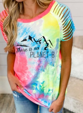 Women's there is no planet b Tie Dye T-shirts Letter Cut-out Color Block Round Neck Short Sleeve T-shirts