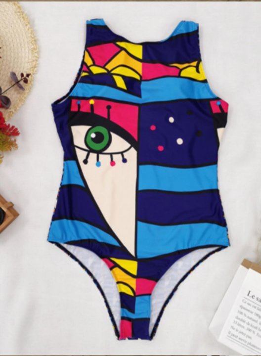 Women's One Piece Swimwear Geometric Round Neck Vintage Sporty One-Piece Swimsuits One-Piece Bathing Suits