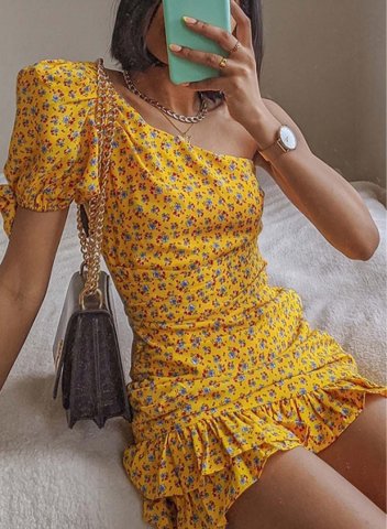 Women's Mini Dresses Ruffle Cold Shoulder Floral Color Block Short Sleeve One shoulder A-line Daily Boho Mini Dress