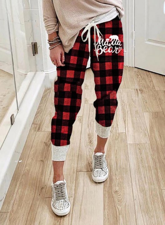 Woman's Christmas Mama Bear Print High Waist Striped Casual Plaid Jogger Pants