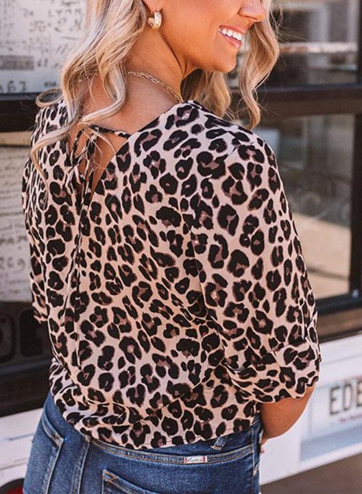 Women's Shirts Leopard V Neck Short Sleeve Button Summer Daily Casual Shirts