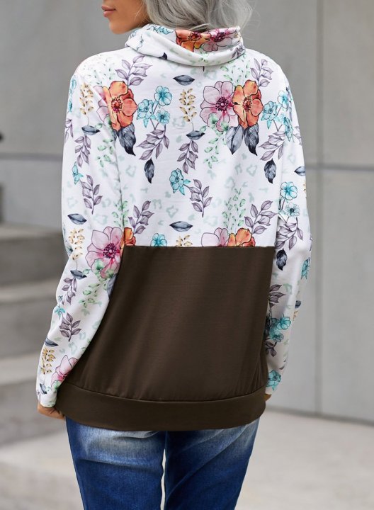 Color Block Long Sleeve High Neck Floral Sweatshirt