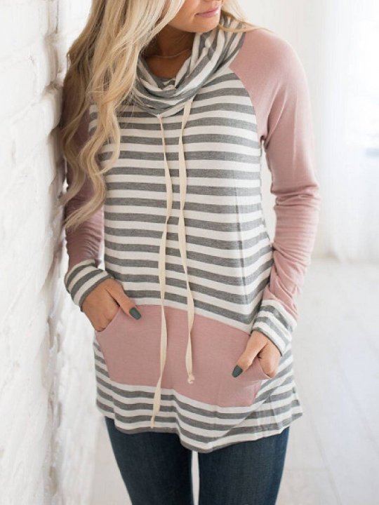 Pink Cowl Neck Pockets Long Sleeve Striped Shirts & Tops