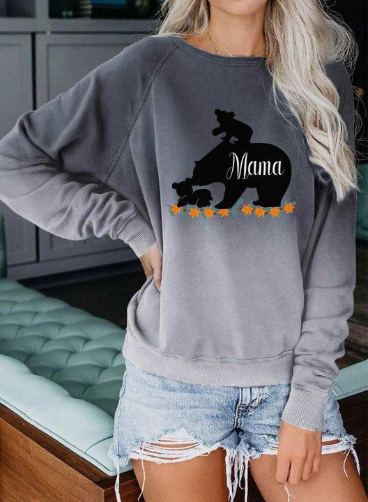 Women's Mama Bear Sweatshirts Gradient Bear Letter Long Sleeve Round Neck Casual Sweatshirt