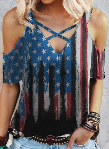 Women's T-shirts Striped American Flag Star Off-shoulder V Neck Short Sleeve Casual Daily T-shirts