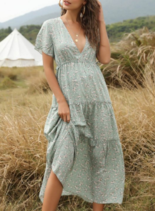 Women's Maxi Dresses Floral Short Sleeve V Neck Vintage Daily Maxi Dress